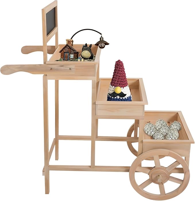 Flower Display Stand | 3-Tier Wood Flower Cart | Flower Cart Display Stand with Wheels | Ladder Shaped Plant stand | Market flower display Stand | Handle & Blackboard (Wood Color)