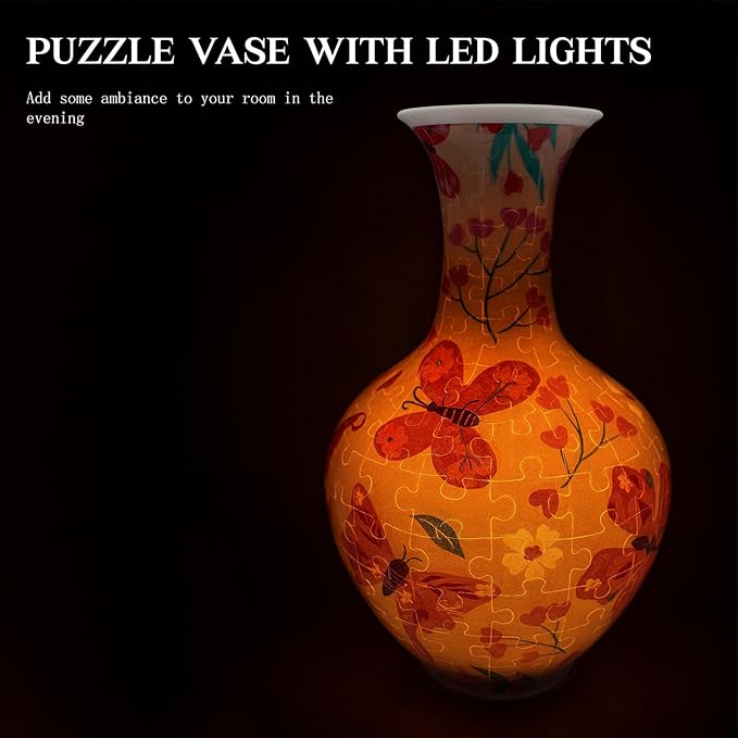 3D Puzzle Vase with LED Light, 164 Pieces Butterfly Floral Design – Durable Plastic 3D Jigsaw for Adults, Unique Gift & Decorative Light-Up Vase