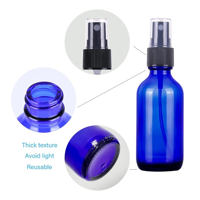 LUFEVRM 2oz Blue Glass Spray Bottles,Empty Small Perfume Travel Refillable Reusable Fine Mister Spray Bottle for Hair,Cleaning Solutions,Aromatherapy and Essential Oil with Extra Nozzle(2 Pack)