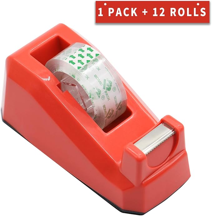 BOMEI PACK Cute Red Desk Tape Dispensers, 1 Pack with 12Rolls Transparent Tape, 1 Inch Core, for School, Office and Home DIY