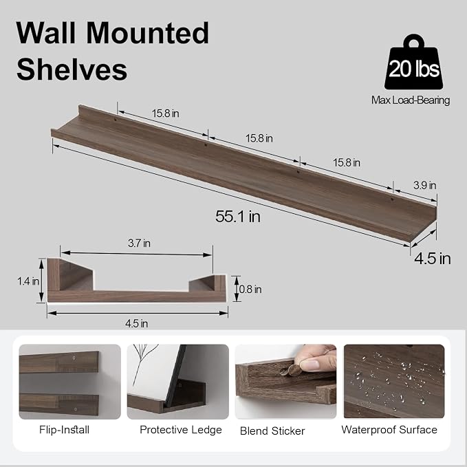 Floating Shelves for Wall Decor, Long Wall Mounted Storage Shelf for Bedroom, Living Room, Bathroom, Kitchen, Nursery, Display Picture Ledge Shelf with Lip Set of 2-56 Inches, Walnut