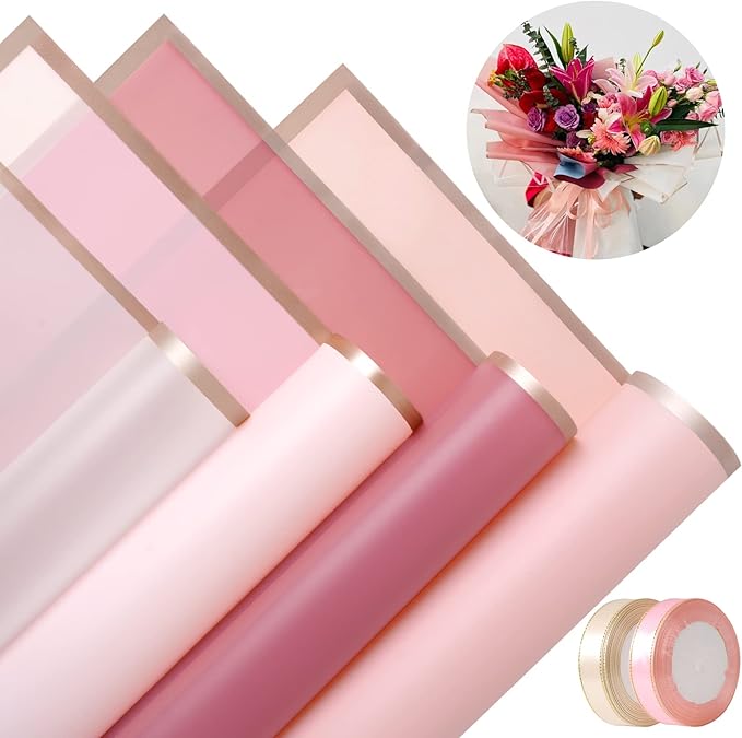 Kosotody 40 Sheets Pink Color Flower Wrapping Paper Gold Edge Waterproof Florist Bouquet Supplies Flower Paper for Bouquets DIY Crafts Packaging, 22.8x22.8 inch (Pink series)…