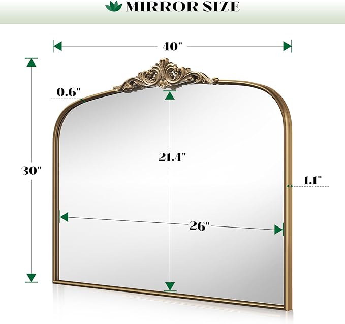Arched Antique Gold Wall Mirror, 30" Lx40 W Vintage Mantel Bathroom Mirror Over Sink, Ornate Champagne Bronze Wide Large Arched Mirrors for Bedroom, Livingroom, Entryway, Fireplace