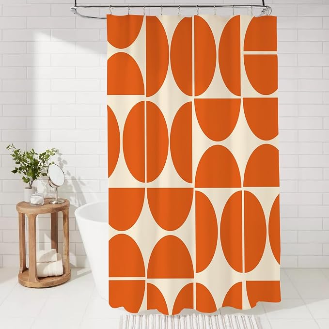 Modern Abstract Geometric Shower Curtain Sets,Orange Mid Century Art Bath Curtain for Bathroom,Waterproof Fabric Polyester Curtain with 12 Hooks, 60 x 72 Inches
