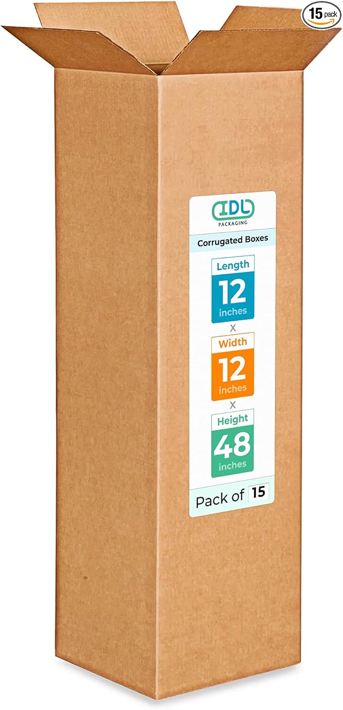 IDL Packaging Medium Corrugated Shipping Boxes 12"L x 12"W x 48"H (Pack of 15) - Prime Choice of Strong Packing Boxes for USPS, UPS, FedEx Shipping - Easy-to-Recycle Cardboard Boxes for Packaging