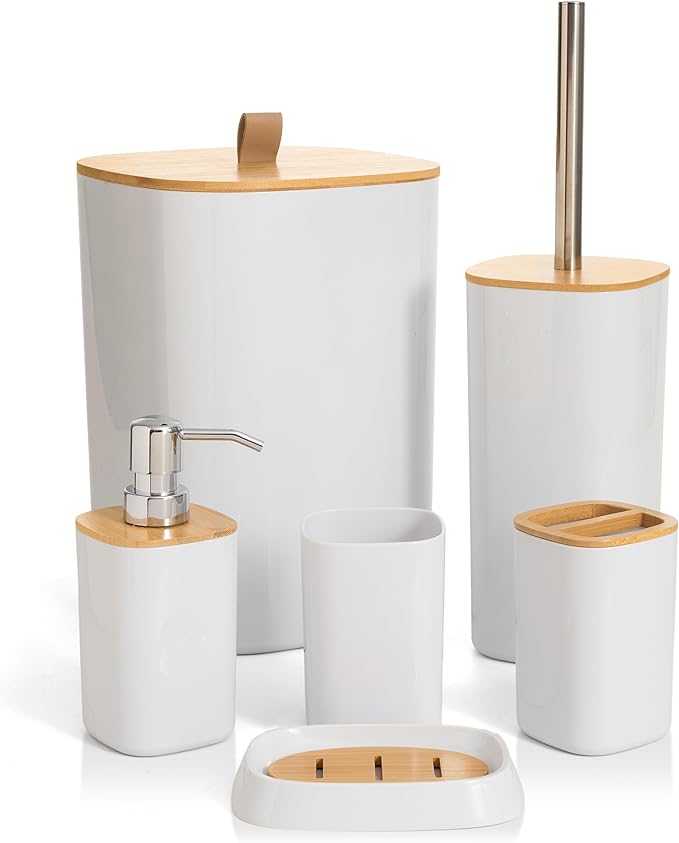 Moss & Stone 6-Piece Bathroom Accessories Set – White Plastic and Bamboo Bathroom Set with Soap Dispenser, Toothbrush Holder, Cup & Soap Dish – Modern Countertop Bathroom Décor
