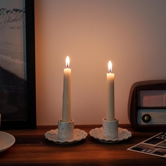 Ceramic Taper Candle Holders for Table Centerpiece, Decorative Candlestick Holders for Home Wedding Party, Housewarming Gifts, Pack of 2, Round Shape, White with Brown Splatter Ink Design