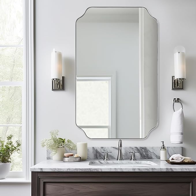 ANDY STAR 26x38 Inch Mirror for Bathroom, Brushed Nickel Scalloped Rectangle Mirror, Silver Bathroom Vanity Mirror in Rust-Proof Stainless Steel 1" Frame, Modern Scalloped Edge Design