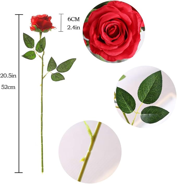 Veryhome Artificial Flowers Silk Roses Fake Bridal Wedding Bouquet for Home Garden Party Floral Decor 10 Pcs (Red Curved stem)