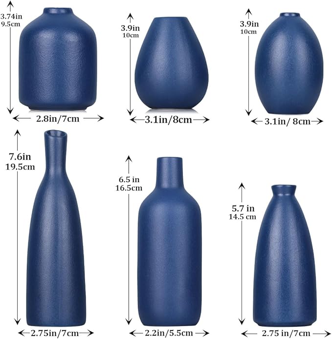 Blue Ceramic Vase - Set of 6 Blue Bud Vases, Modern Farmhouse Navy Blue Decorative Vases for Home, Office, Living Room, Table Decor - Ideal Centerpieces for Flowers, Shelf and Fireplace Accents