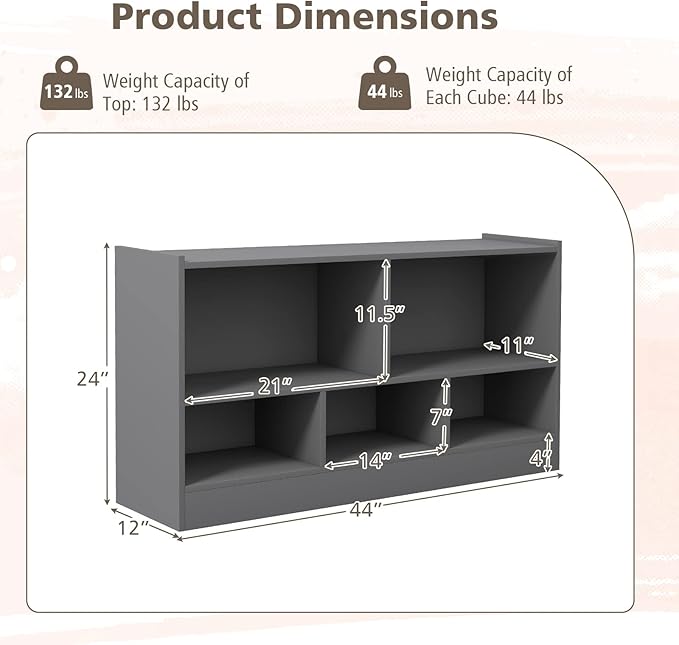 Toy Storage Organizer, 2-Tier Kids Bookshelf, 5 Cube Kids' Bookcases, Cabinets & Shelves, Wooden Toy Organizers, Small Book Shelf for Bedroom, Playroom, Classroom, Nursery (Gray)