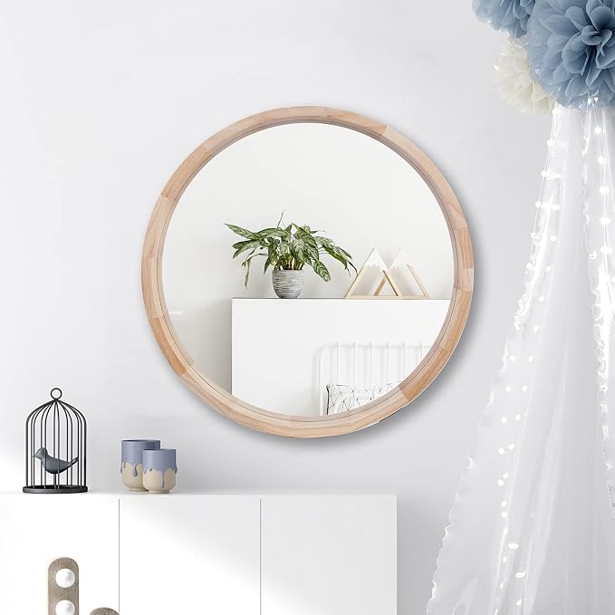 CONGUILIAO 24Inches Round Mirror Wood Wall Mirrors Decorative Circle Mirror, Nature Big Bathroom Large Vanity Mirrors for Living Room Bedroom Entryway Farmhouse