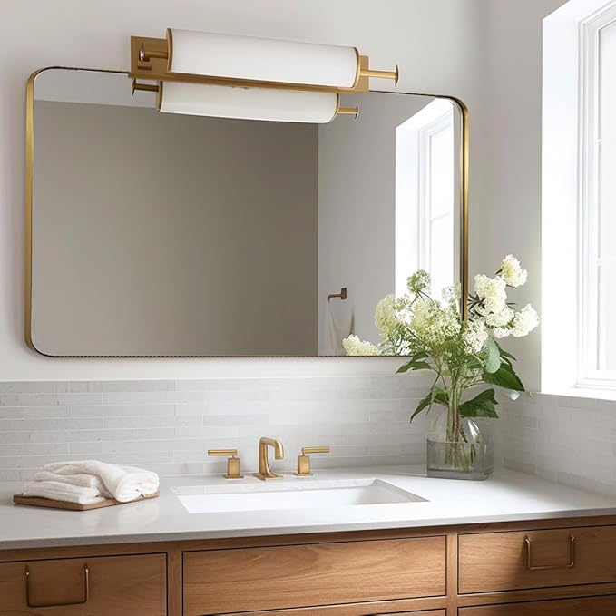ANDY STAR 24x40 Inch Gold Bathroom Mirror, Stainless Steel Metal Frame with Rounded Corner, Rectangle Glass Panel Wall Mounted Mirror Decorative for Bathroom