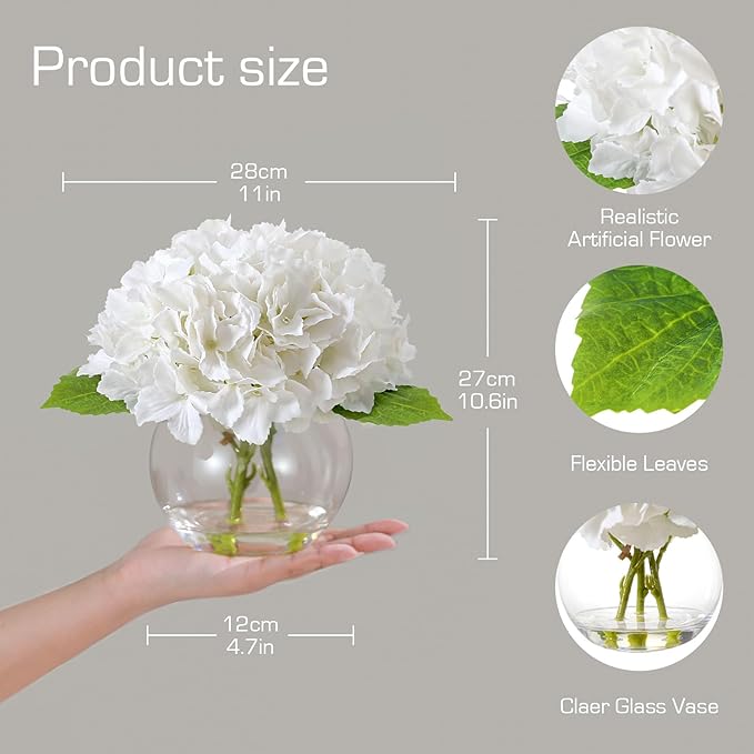 Artificial Hydrangea with Fake Water in Vase, Real Touch Faux Flowers, Silk Fake Hydrangea Flower Arrangement with Faux Water for Home Office Bathroom Wedding Table Centerpiece Decor(White)
