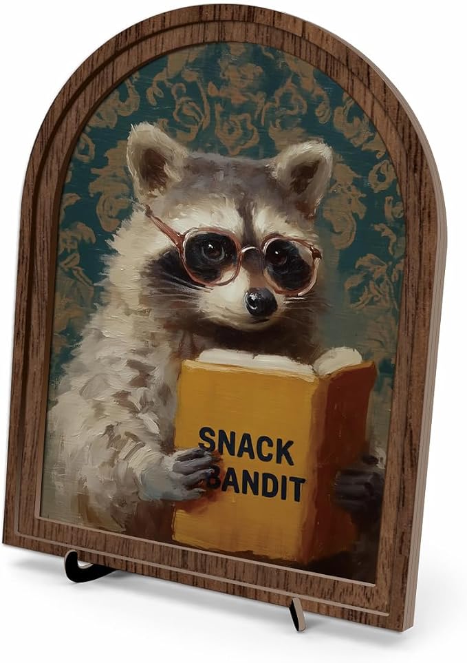 Wooden Tabletop Sign Funny Raccoon Decor for Bookshelf Desk Shelf, Arched Wood Frame Vintage Reading Animal Art, Rustic Home Office Display Accent for Animal Lovers