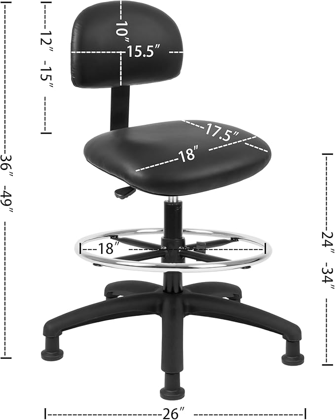 Chair Master FSS Series Square seat Tall (24"-34") seat Height Chair. Vinyl-for Office, Garage, Desk, Shop, Computer, Doctor, Medical, Easy to Clean! 18" Footring (Black, Tall, Glides)