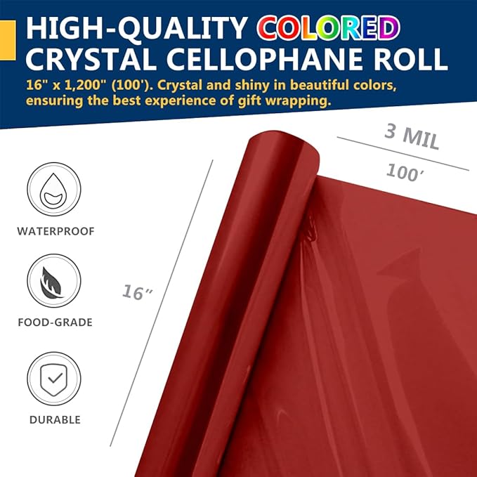 PerkHomy Colored Cellophane Wrap Roll 16" x 100' 3 Mil Thick Cellophane For Gift Basket Treats Goodie Wrapping Craft Flower Bouquet Plastic (Red, 100ft (16in Width))