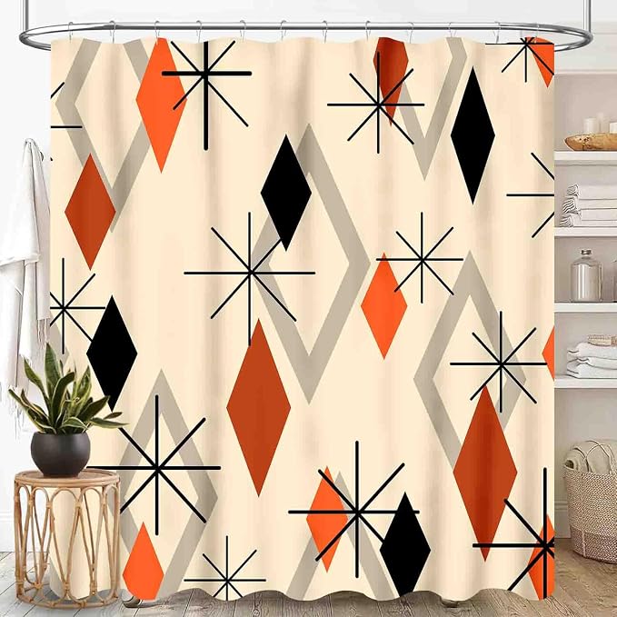 Geometric Modern Shower Curtain for Bathroom, Orange Mid Century Atomic Abstract Pattern 1950s 1960s Retro Vintage Style Waterproof Fabric Shower Curtain Set with Hooks, 72"x84" Inch