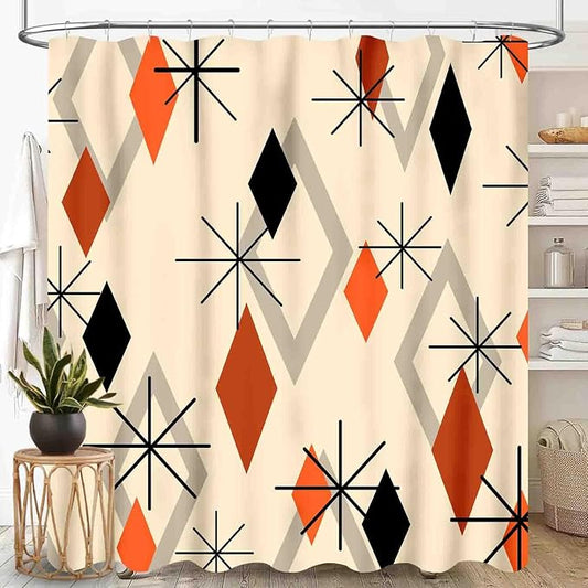 Geometric Modern Shower Curtain for Bathroom, Orange Mid Century Atomic Abstract Pattern 1950s 1960s Retro Vintage Style Waterproof Fabric Shower Curtain Set with Hooks, 72"x84" Inch
