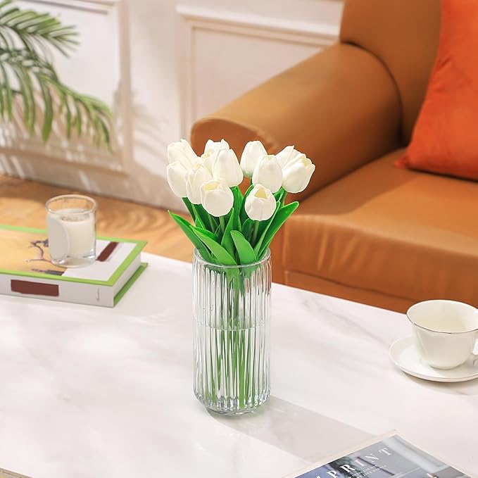 Ribbed Glass Vase, Flower Vases for Bouquet, Clear Glass Vases for Flowers, Modern Ribbed Vase for Living Room, Bathroom, Dining Table, Office, Wedding, Centerpieces, 8 Inches