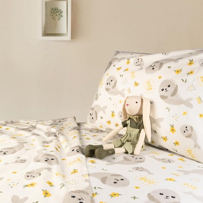 Salt Earth 100% Cotton 210TC Kids Bedsheet, Twin Sheets Set for Toddler Bed, 3 Piece Bedding Set Including Flat Sheet, Fitted Sheet, and Pillowcase, Themed Sheets for a Playful Kids Bed (Seal)