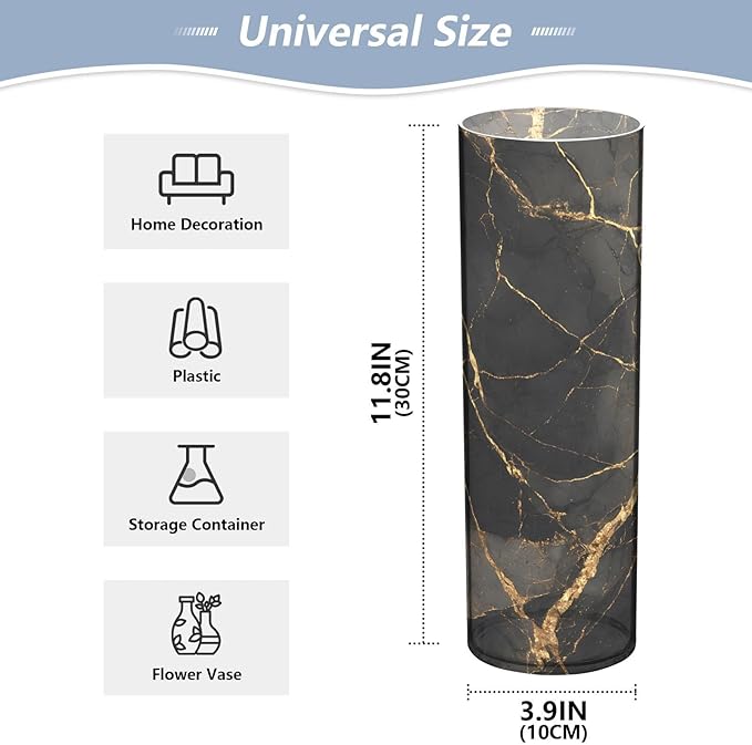xmyzcd Gold Black Marble Vase Cylinder Vases Clear Plastic Flower Vase Easy to Clean for Centerpieces Homes, Offices, Kitchens