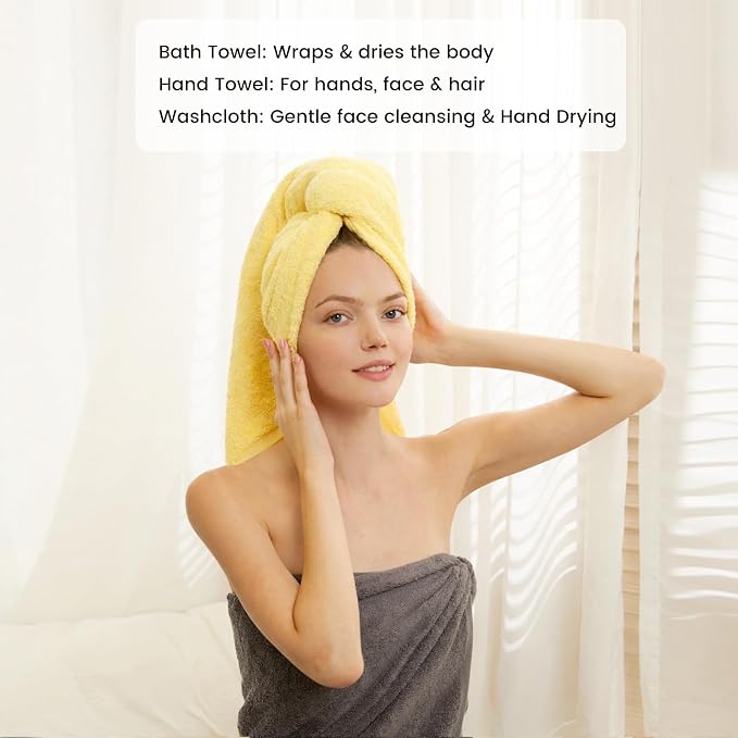 SEMAXE Bath Towel Set, 8 Piece Towel Set for Bathroom, Quick Dry Cotton Towels with Hanging Loops, Easy Care, Yellow & Gray