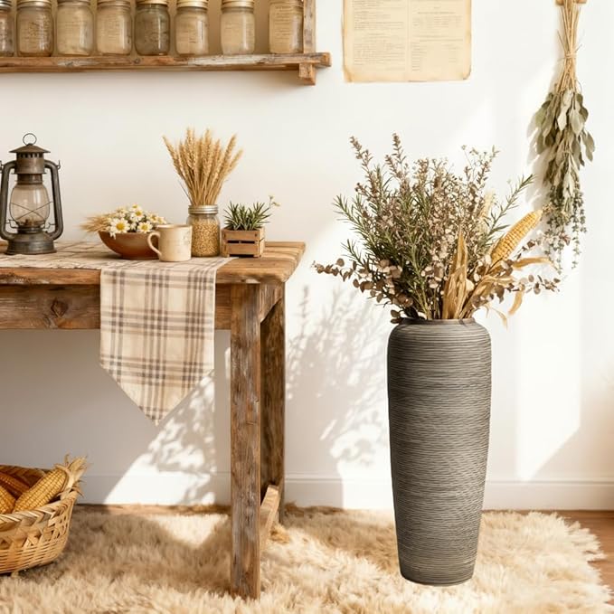 Vintage Ceramic Floor Vase – 19.7 Inch Distressed Glazed Oversized Floor Urn, Rustic Country Decor for Entryway, Living Room & Corner