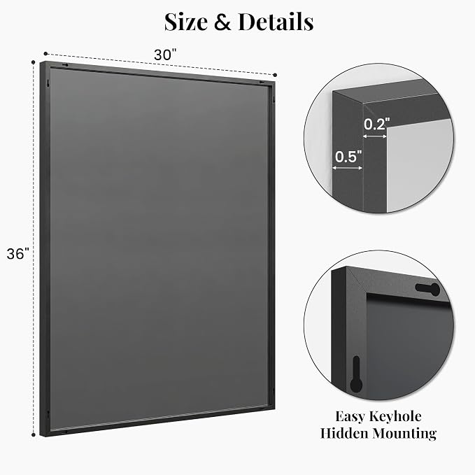 30"x36" Black Bathroom Mirror for Wall, Shatterproof Tempered Glass, Rectangle Narrow Frame Vanity Mirror, H/V Wall-Mounted, Ultra-Flush