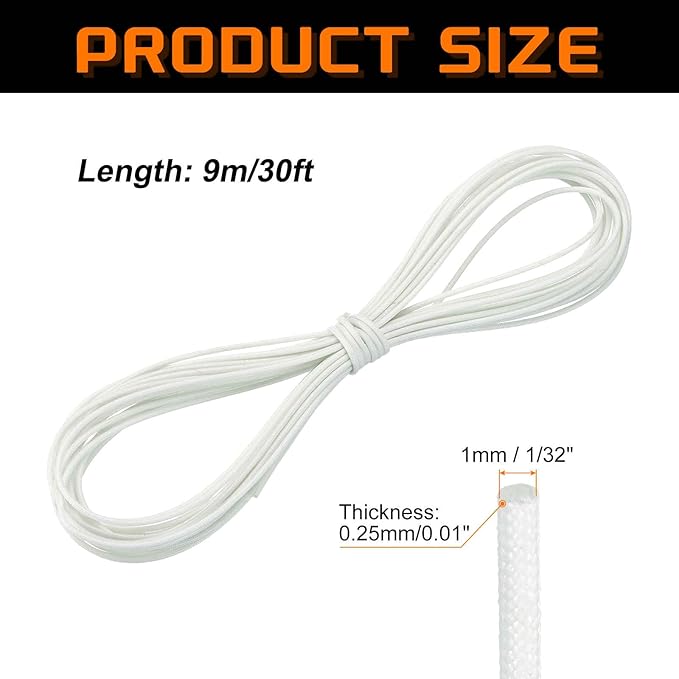 MECCANIXITY 30ft Braided Cable Sleeve, 1/32" ID 200C High Temperature 1500V Fiberglass Wire Insulation Cord Protector Organizer Wires Management for Motor Engine Fuel Line, White