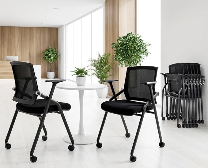 2 Pack Stackable Conference Room Chairs with Paddle Folding Office Foldable Desk Chair Mesh Back and Arms for Conference Meeting Guest Reception Home Office Training Room Chair Black