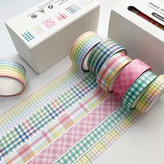 YUBBAEX 6 Rolls Plaid Washi Tape Set Basic Grid Masking Decorative Tapes for Arts, DIY Crafts, Journals, Planners, Scrapbooking, Wrapping (Rainbow Plaid)