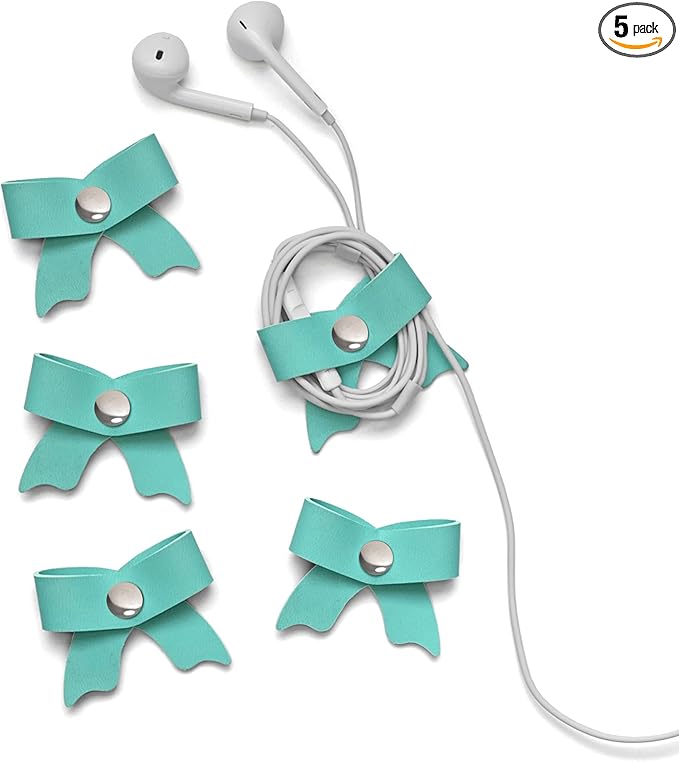 SenseAGE 5 Pack Cord Organizer, Bow Cord Keeper, Cable Organizer USB Holder, Leather Cable Management, Cable Straps, Earphone Winder, Storage Straps for Electronics, Earbuds, Small, Mint