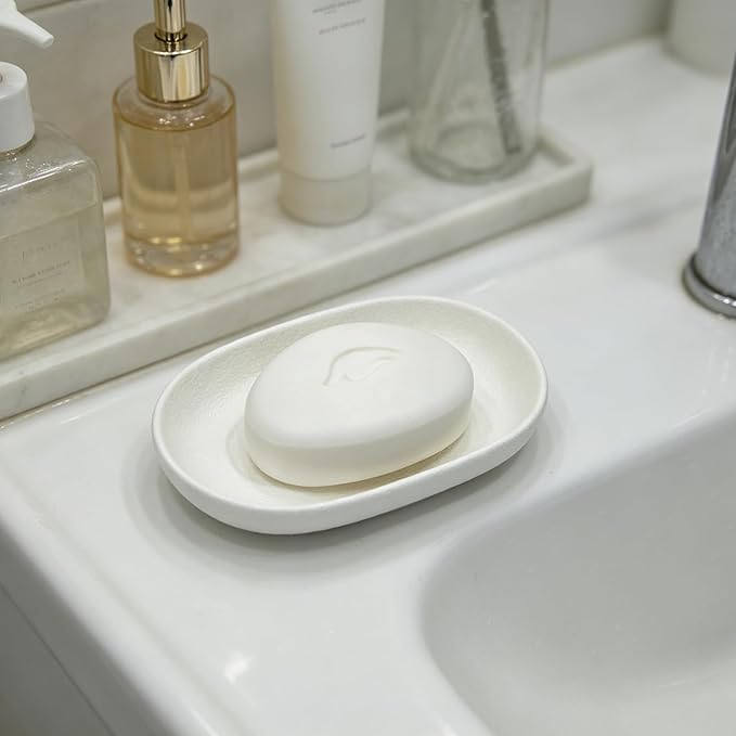 Ceramic Soap Dishes for Bar Soap- Matte White Textured Finish Bar Soap Holder for Bathroom Kitchen Sink & Shower - Easy to Clean Simple Oval Soap Dish Soap Tray for Soap Bars, Sponges, Jewelry