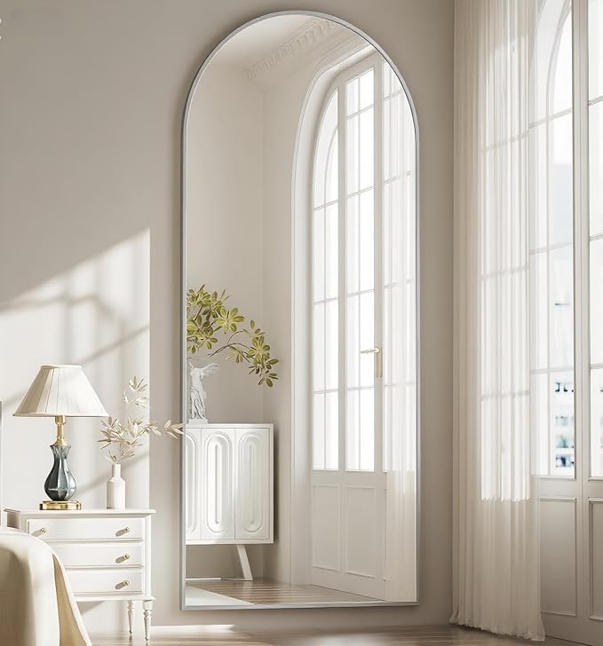 Dewfig Arched Full Length Mirror, 64''x21 Large Floor Mirror, Full Body Mirrors for Leaning or Hanging, Standing Mirrors for Bedroom, Living Room,Dressing Room, Aluminum Alloy Frame, Silver
