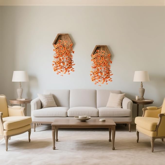 Artificial Fake Fall Flowers Faux Mums for Outdoor Decoration, 2 Pcs Fake Silk Daisy Flower Plants Realistic UV Resistant for Home Porch Balcony Patio Autumn Decor(Orange
