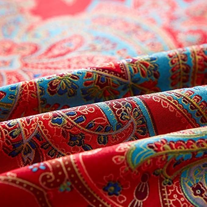 Floral Red Duvet Cover Queen Percale Long Staple Cotton Floral Comforter Cover Vintage Boho Paisley Duvet Cover Luxury Soft Jacquard Flower Bedding Set Farmhouse Floral Duvet Cover with 2 Pillowcases