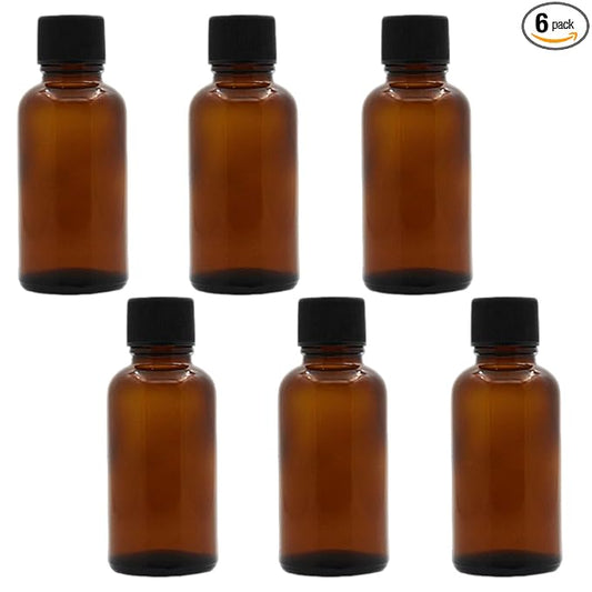 6Pcs Amber Glass Essential Oil Bottles with Orifice Reducer and Black Cap Empty Cosmetic Perfume Aromatherapy Storage Container Vial Pots Portable Refillable size 30ml/1oz