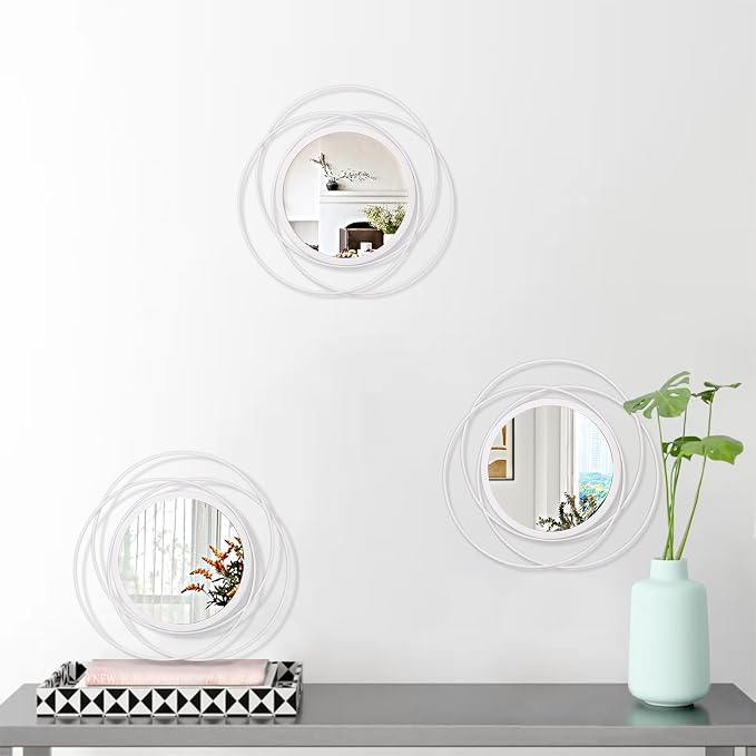 3 Set 12'' White Circle Mirrors Wall Decorative Wire Metal Mirror Art Small Round Mirror Home Decor Hanging Mirror for Room/Bedroom/Bathroom/Entryway