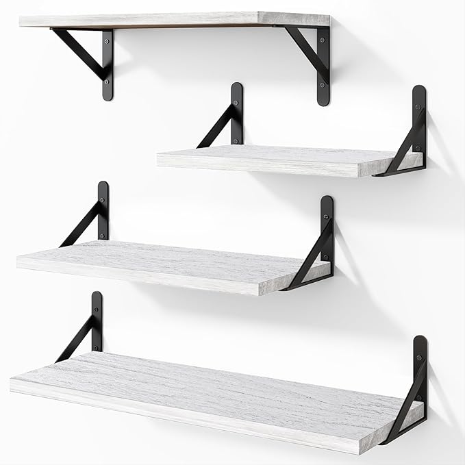 YGEOMER White Floating Shelves for Wall, Different Sizes Rustic Wall Shelves for Living Room, Bathroom, Bedroom, Kitchen, Home Decor (Set of 4)