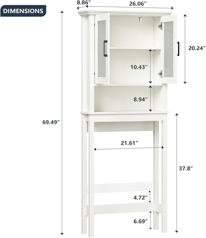 Over The Toilet Storage Cabinet, Over Toilet Bathroom Organizer with Doors and Adjustable Shelf, Thicken Frame Above Toilet Storage Cabinet Behind Toilet Bathroom Organizer, Cream White