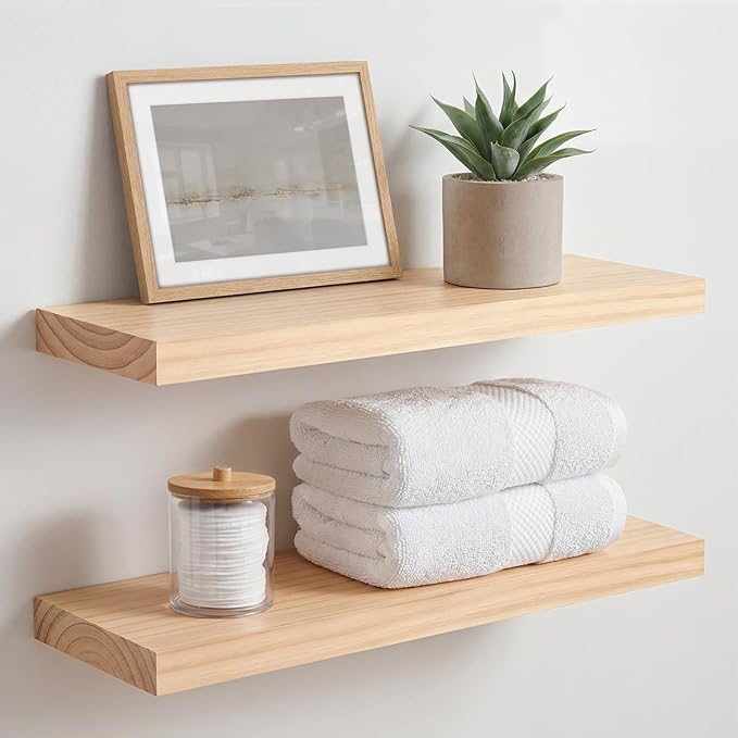 Homeforia 20 inch Natural Floating Shelf, High End Solid Real Wood 20inch Small Floating Shelves for Wall Mounted, Natural Wooden Floating Shelves, Heavy Duty Bracket, 20 X 6.5 X 1.75 in, Set of 4