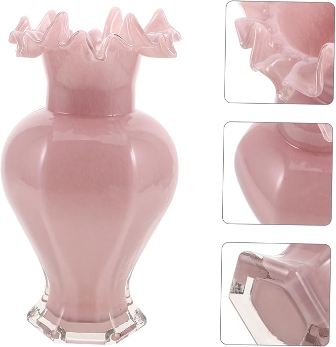 Pearlescent Pink Handblown Glass Vase with Artistic Curved Rim Unique Decorative Flower Display for Home Decor Living Centerpiece Wedding Table Accent