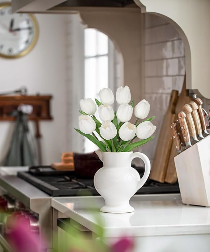 DILATATA 10 Pcs White Tulips Artificial Flowers Large Tulips Head Real Touch Fake Tulip Fake Flowers for Mother's Day 11.4" Faux Tulip for Vase Centerpieces Home Wedding Bouquet