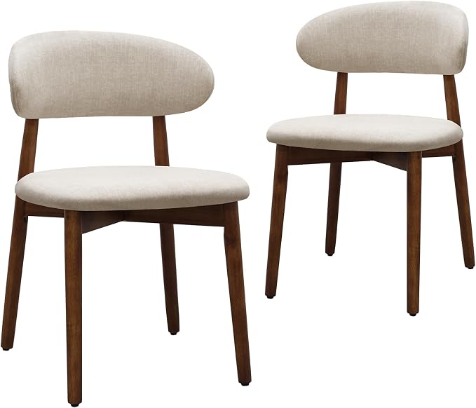 Farmhouse Dining Chairs Set of 2, Mid Century Modern Fabric Upholstered Kitchen Chairs, Wooden Dining Room Chair with Curved Back for Kitchen Dining Room Restaurant Cafe, Warm Gray (Only Chairs)