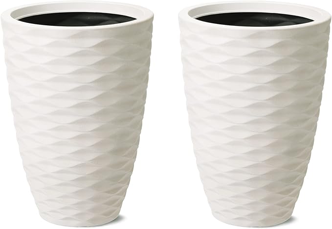 Glitzhome 2 Set 19" Outdoor Planter, Polyresin Modern Decor Large Tall Gardening Containers Flower Pots, White