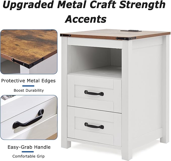 Farmhouse Night Stand, Rustic White Nightstand for Bedroom, End Tables with Charging Station, Bedside Table with Drawers, Wood Bedside Cabinet Dresser
