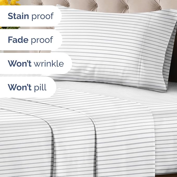 Light Grey and White Striped Sheets - 1 Flat & 1 Fitted Sheet & 1 Pillowcase w/ Deep Pockets - Wrinkle & Fade Resistant - Ultra-Soft, Breathable & Cooling - Luxury Pinstripe Bedding - Twin Size
