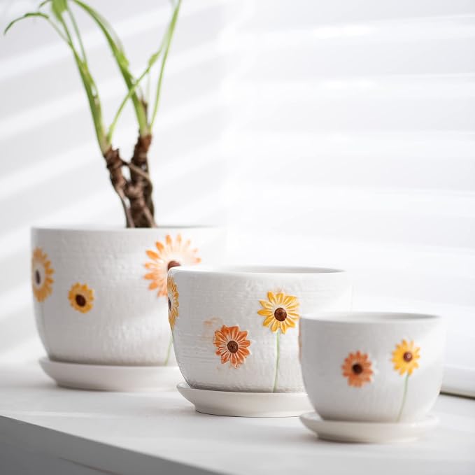Ton Sin Ceramic Plant Pots for Indoor Houseplants, Cute Decorative Flower Planters with Drainage Holes & Matching Saucers, Hand-Painted Yellow Sunflower Design, 6.7/5.5/4.3 Inch Sizes