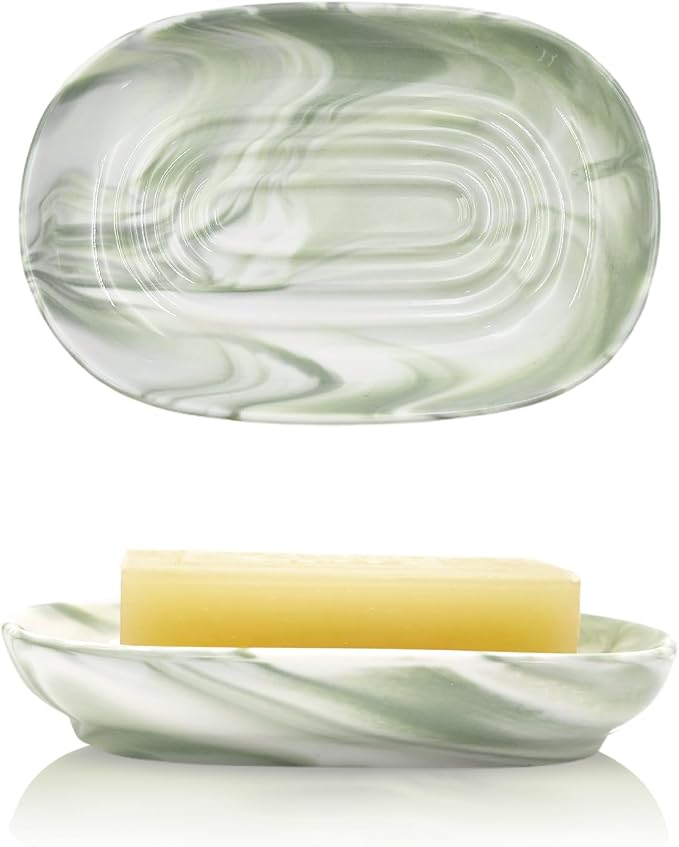 Elegant Ceramic Soap Dish for Shower with Unique Marble Texture, Decorative Bar Soap Holder for Bathroom & Kitchen, Easy Clean Versatile Oval Soap Dishes for Soap Bar